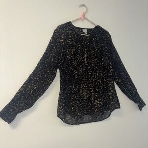 Converse One‎ Star Womens Large Black Tan Abstract Pintuck Button Front Blouse